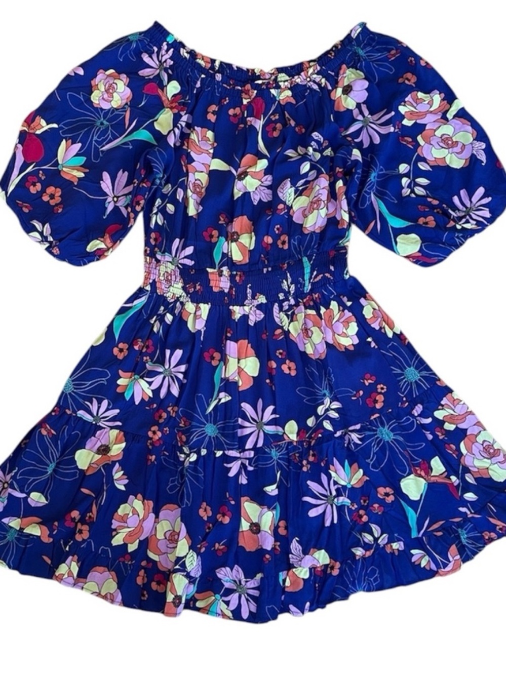 NWT! Easel Bohemian Inspired Bright Floral Smocked Waist Tiered Dress Size S